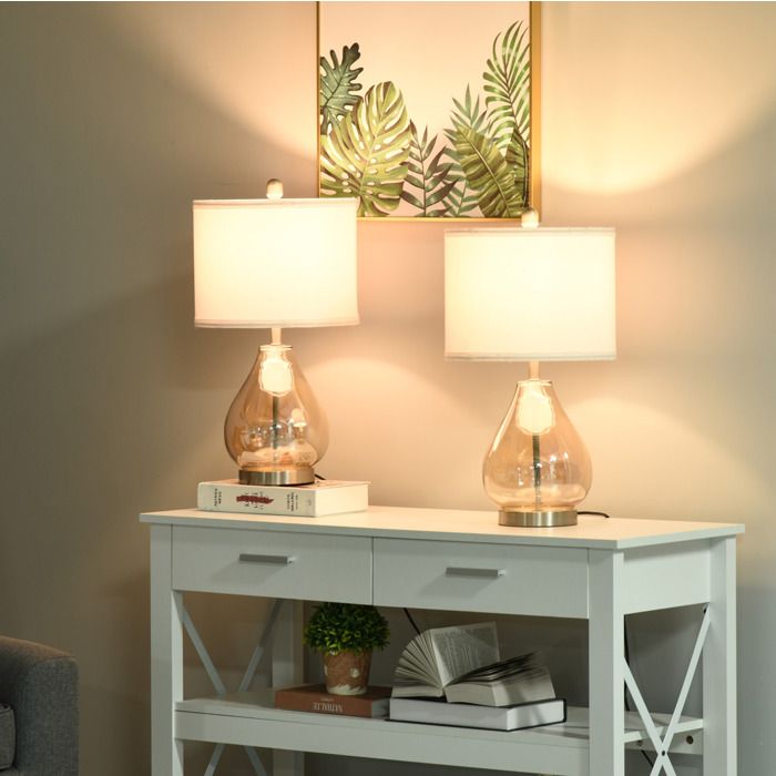 Lot de 2 lampes à poser – Lampe de chevet moderne – E27 40W – Verre tissu métal – Beige – 56 cm
