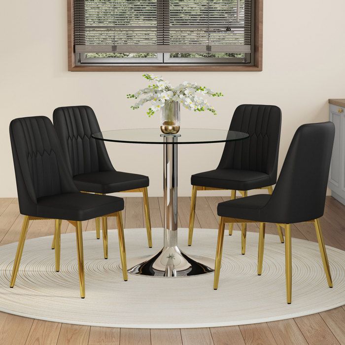 Table à manger ronde ELVORIN Ø85 cm verre de sécurité 4 chaises PU noir