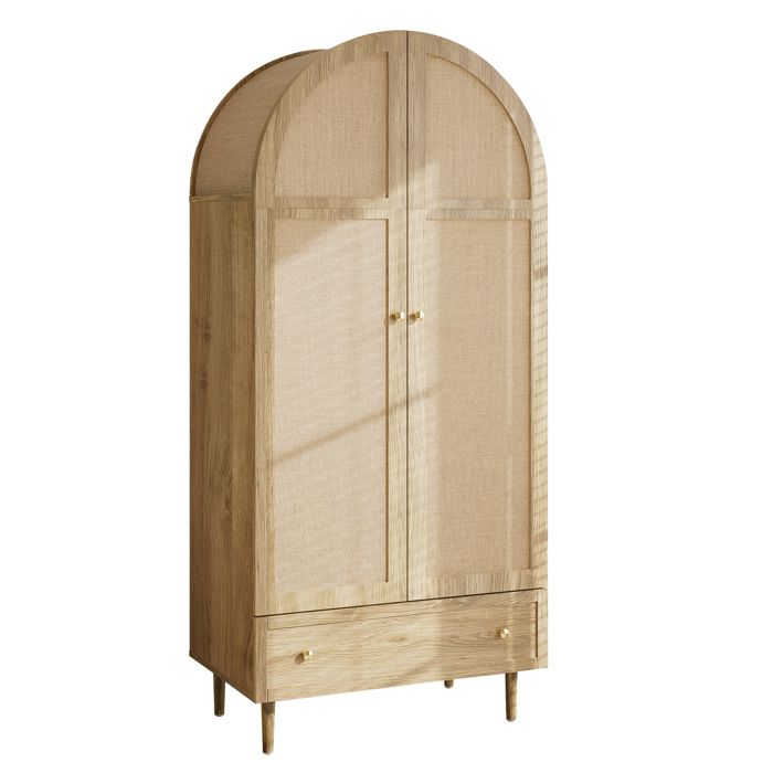 Armoire de chambre chêne clair : porte battante tissu beige grande tringle tiroir 175 cm