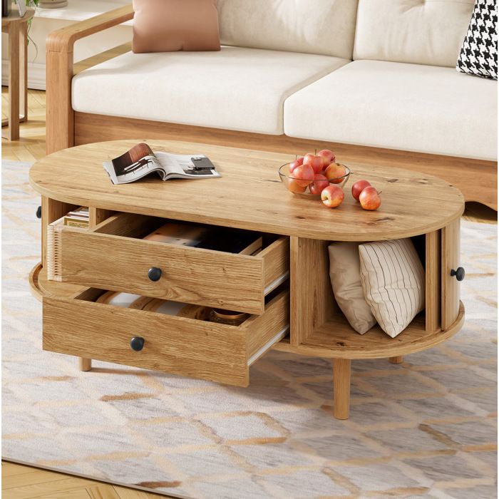 Table Basse Ovale Chêne avec Portes Coulissantes à Rayures Verticales et 2 Tiroirs Table Basse Multifonctionnelle Moderne