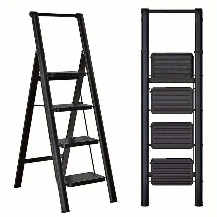 Comfyu - Escabeau 4 marches pédales larges 20x30 cm pieds antidérapants acier – noir