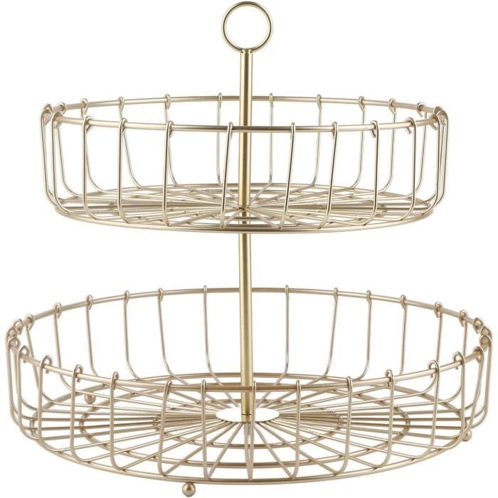 Corbeille à Fruits à 2 Niveaux Dorée Amovible - Panier De Rangement En Fer Pour Cuisine, Salle De Bain, Décoration Table - Dimensions 32x32 Cm - 6
