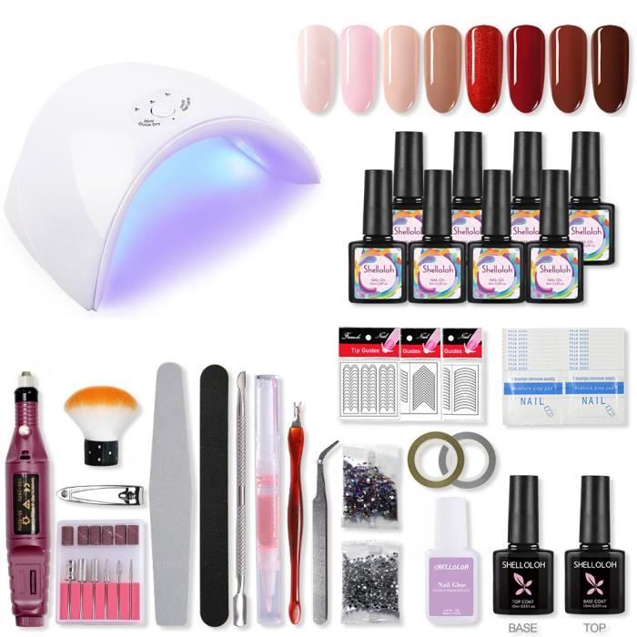Kit Vernis Semi Permanent Shelloloh 36w Uv Led Machine Lampe Vernis Basecoat Topcoat Colle à Ongle Ponceuse Embout Outils