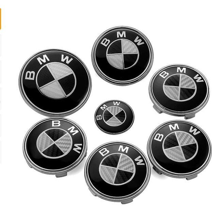 KIT 7 Badge LOGO Embleme BMW Fibre de Carbone Noir Blanc 82mm Capot + Coffre 74mm +Volant + 4 68mm centre de roue