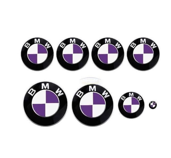 KIT 7 Badge LOGO Embleme BMW Fibre de Carbone Noir Blanc 82mm Capot + Coffre 74mm +Volant + 4 68mm centre de roue