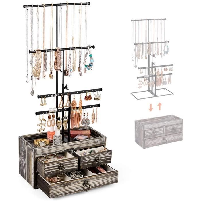 Présentoir à Bijoux en métal avec boîte de Rangement en Bois,3 tiroirs ...