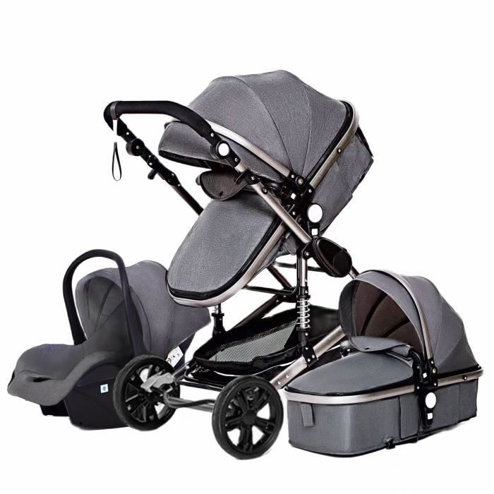 BAZARLAND30 Poussette 3 en 1 Bébé Combinée Siège-Auto Nacelle Trio Réversible Réglable Haute Qualité Roues increvables Canne gris.