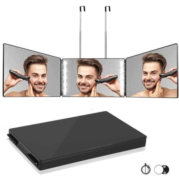 Miroir 360° Coiffure Homme Femme LED 3 Faces avec Crochets Portable Pliable Hauteur Réglable pour Coiffure Rasage Maquillage