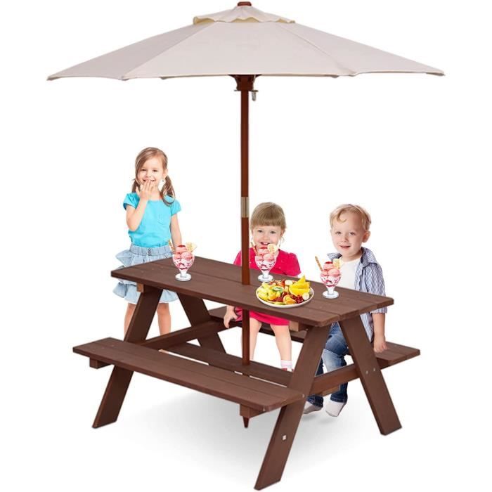 costway table et 2 bancs de jardin avec parasol pour enfants en sapin table de pique-nique pour 4 enfants,beige + marron