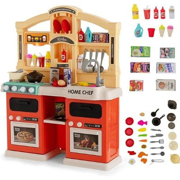 Costway ensemble de jouet de cuisine et de restaurant pour enfant avec  accessoires complets et étagère de rangement, jouet de cuisine simulé en  bois,convient aux enfants 3-8 ans - Conforama