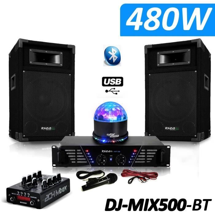 Pack Sono DJ-MIX500-BT ampli + enceintes 500W + Table de mixage USB Bluetooth + SUNMAGIC LED RVB