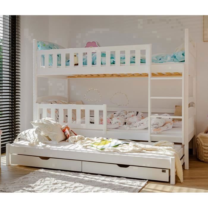 Lit superposé 90x200 - 3 couchages - Barrière de sécurité + tiroirs - Convertible en 3 lits - 4 à 16 Ans - Sommiers Inclus - Blanc