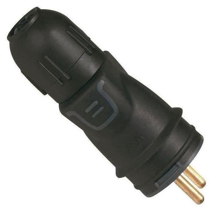 Fiche mâle automatique en caoutchouc - 2 phases + terre - noir