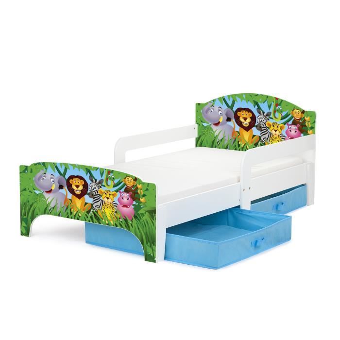 moderne lit d'enfant toddler 140 x 70 cm motif jungle lit pour enfant avec rangement + matelas