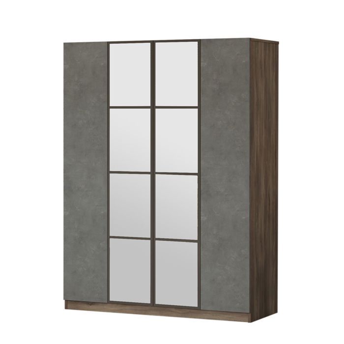 Armoire 4 portes avec miroir Natho 138,4cm Bois Naturel et Gris