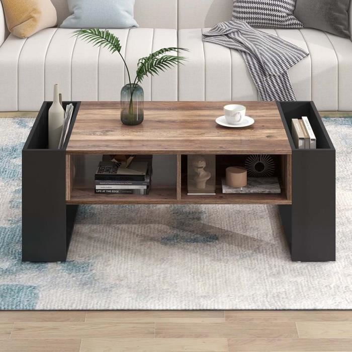 Table Basse - MODERNLUXE - Style Industriel - Bois Foncé et Noir - Tiroir et Rangement