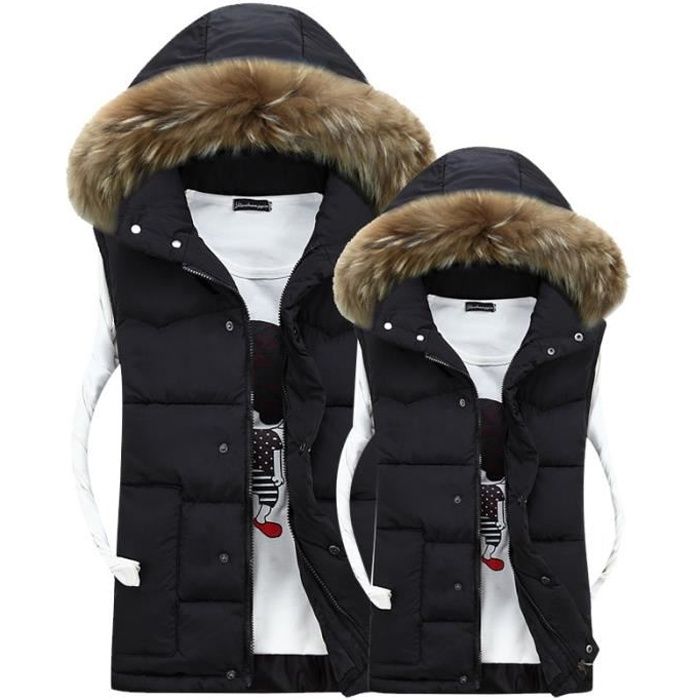 Doudoune sans manches noir homme hiver capuche col en fausse