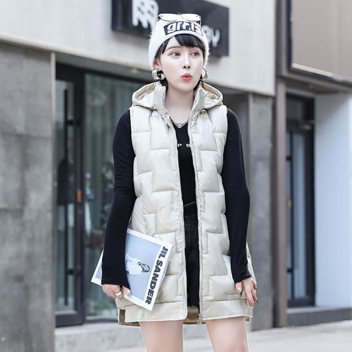 Manteau Femme GOGUQ Grande capuche d hiver Sans manche Blanc Blanc Cdiscount Pret a Porter