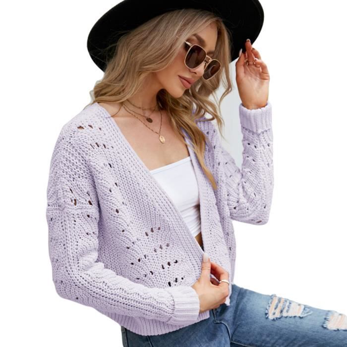 Pull Femme Court Manches Longues Elegant Coupe Polyvalente Veste INSFITY Violet clair Col V Relaxed Fit