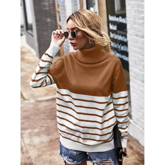 Pull Femme Rayures col Roul Sweater Tricot Chaud Manche Longue Sweatshirt Decontract Pullover brown