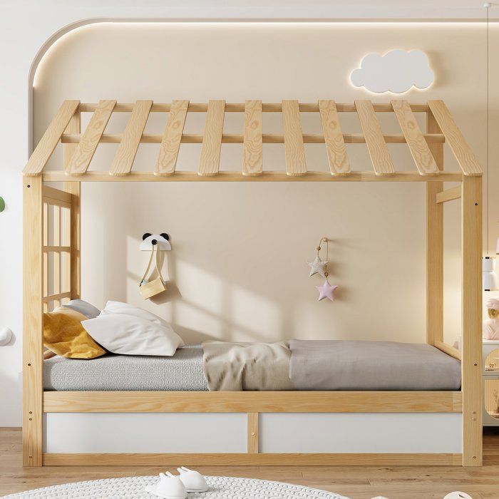 Lit Cabane Enfant 90x190 cm coffre sous‑lit relevable à vérin à gaz fenêtre décorative sommier à lattes