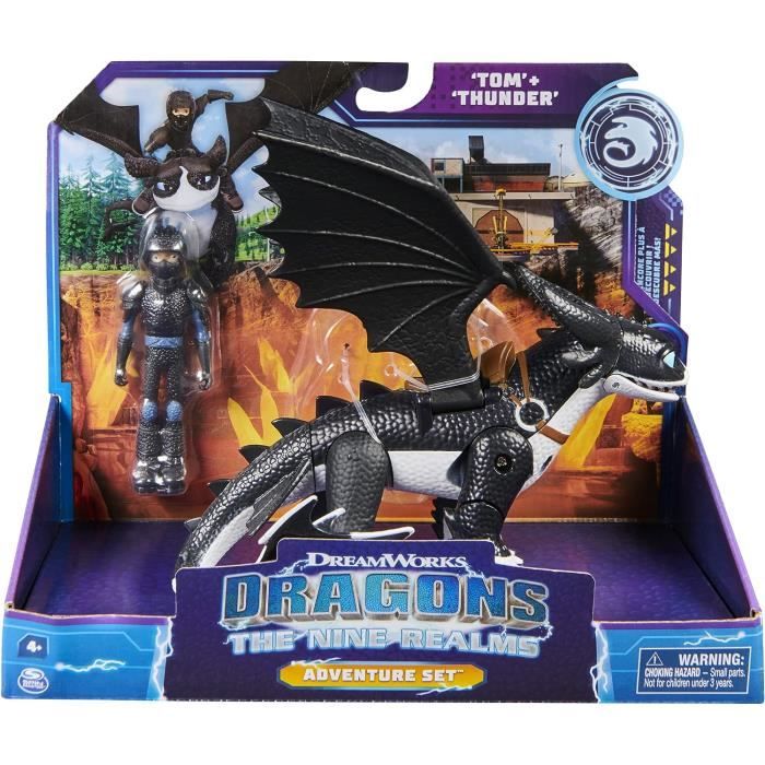 Coffret Dragons Les neuf Royaumes Tonnerre Noir Avec Battement Des Ailes Et Son Dresseur Tom Viking Figurine Personnage