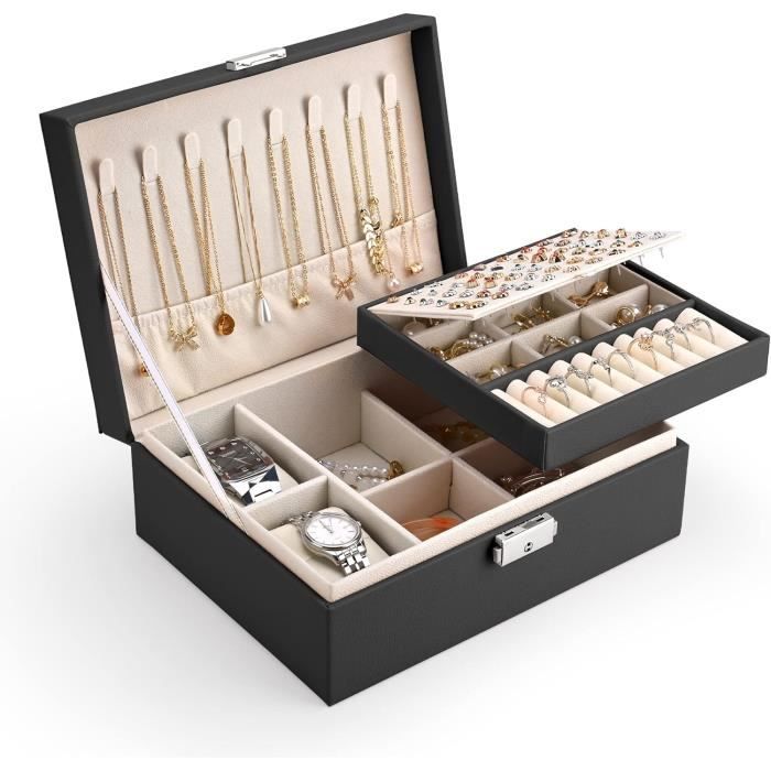 Boîte à Bijoux Femme Verrouillable 2 étages - Cuir PU, Compartiments Pour Colliers, Boucles D'oreilles, Bracelets