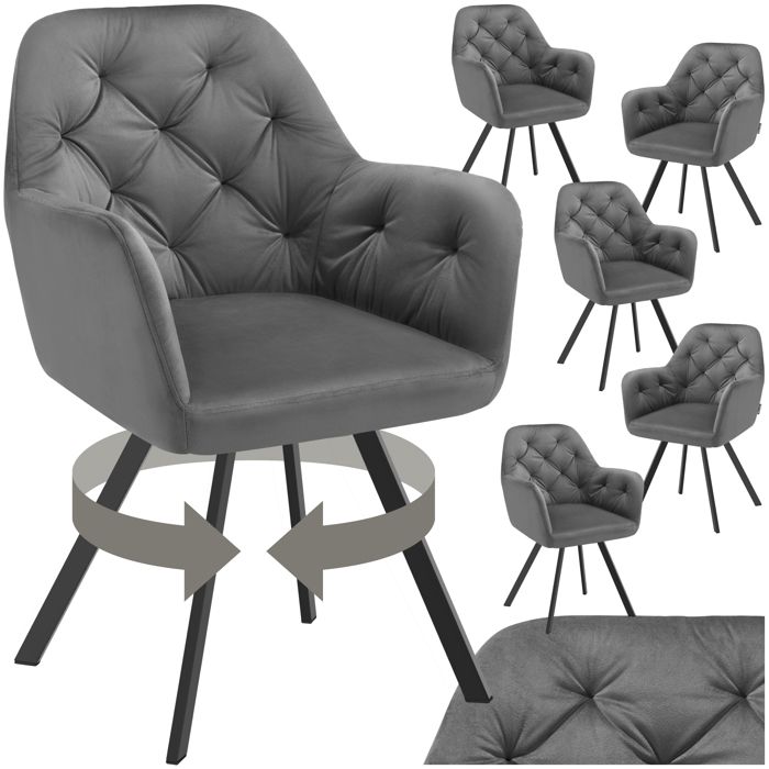 Chaise - TECTAKE - Lot de 6 fauteuils LUCIA pivotants et rembourrés en velours motif matelassé 58 x 58 x 87 cm - Gris