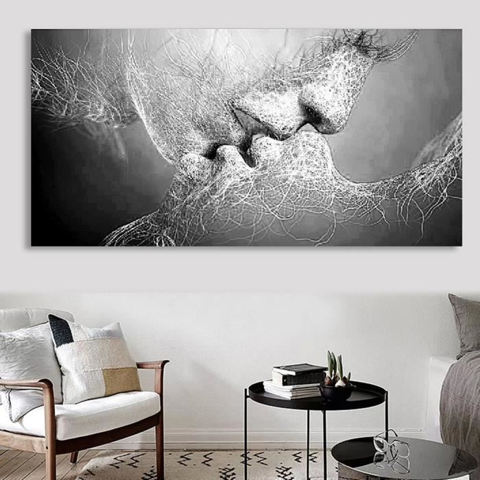 Tableau Peinture A Huile Toile Baiser D Amour Noir Et Blanc Abstraite Decor Murale 100x60cm Achat Vente Tableau Toile Cdiscount