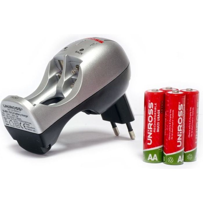 Chargeur De Piles Uniross Compact - Emplacement 4 Piles Aa/Aaa Et 2 Plies 9V  + 4 Piles Rechargeables Aa 2100Mah Hybrio Ucw001a