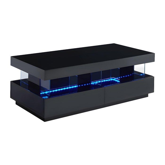 Table basse 2 tiroirs et 2 niches avec LEDs - MDF et verre trempé - Noir laqué - FABIO II
