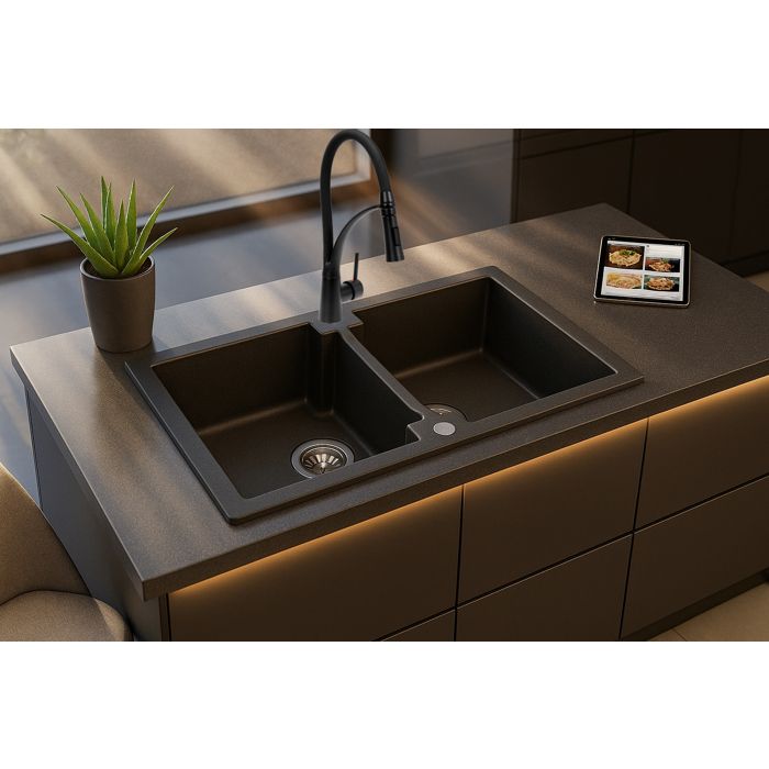 Évier En Granit POSEIDON 170 – 2 Bacs, Sans égouttoir, 86x45 Cm, Profondeur 22 Cm, ZEUS GROUP