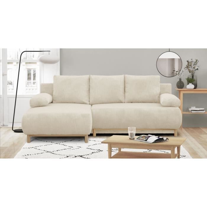 Canapé D'Angle Convertible GREKPOL 244x145cm - Velours Côtelé Beige - Espace Rangement - Convertible En Lit 3 Places