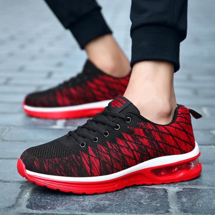 Sneakers Running Mixte Adulte Homme-Femme Noir-Rouge Respirant