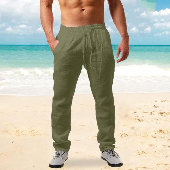 Pantalon Ample Ete Homme Mode Imprimé Coton et Lin Casual Pantalon DéTé  Vacances Léger Respirant Cordon Serrage Réglable Taille Elastique Pantalon  de