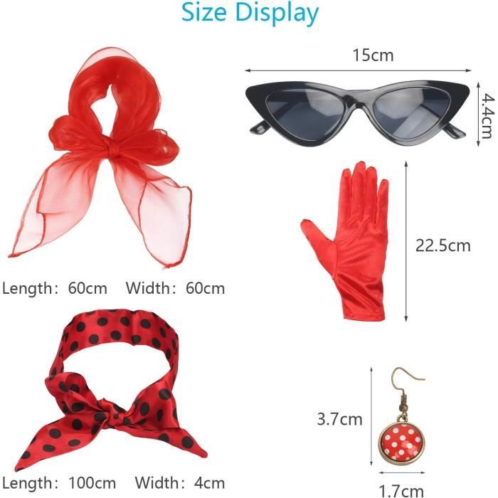 Set Accessoires Rockabilly Années 50 - Noir à Pois Avec Lunettes Œil De Chat & Foulard