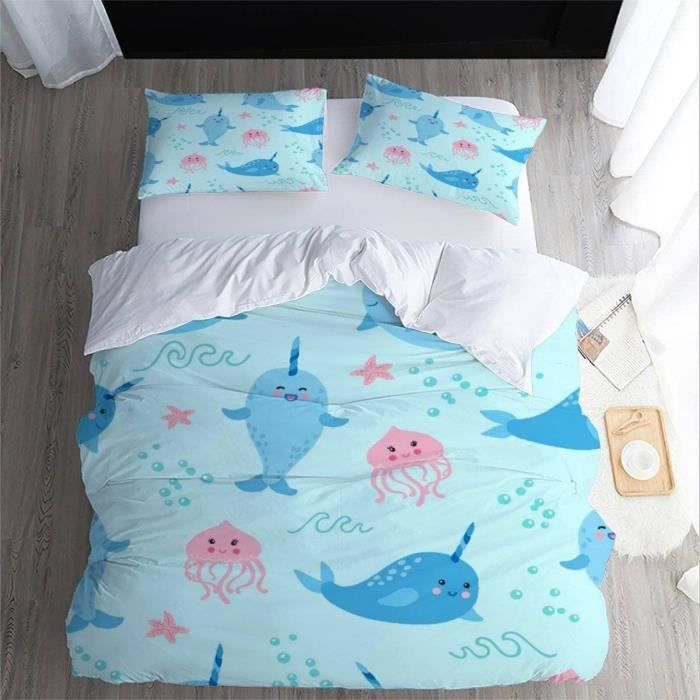 Housse De Couette 220x240 Cm + 2 Taies 65x65 – Microfibre Brossée, Fermeture éclair, Motif Corail Bleu