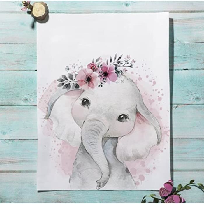 Lot De 3 Affiches Animaux Bébé 30x40 Cm - Thème Safari Rose (Éléphant, Ours, Renard) - Décoration Murale Chambre Enfant