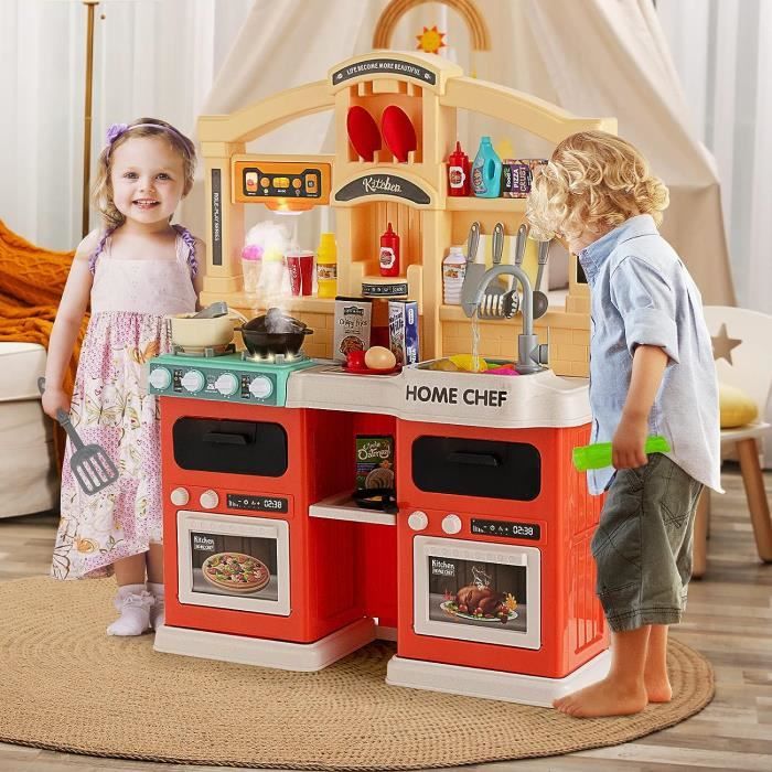 Costway ensemble de jouet de cuisine et de restaurant pour enfant avec  accessoires complets et étagère de rangement, jouet de cuisine simulé en  bois,convient aux enfants 3-8 ans - Conforama