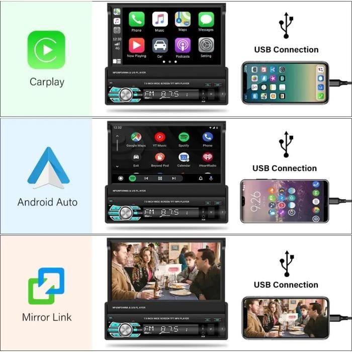 Hikity Autoradio 1 Din Carplay Android Auto Lien Miroir avec 7 Pouces Écran  Tactile Post Radio Voiture Bluetooth Main Libres avec USB SD AUX-in +  Caméra de Recul : : High-Tech