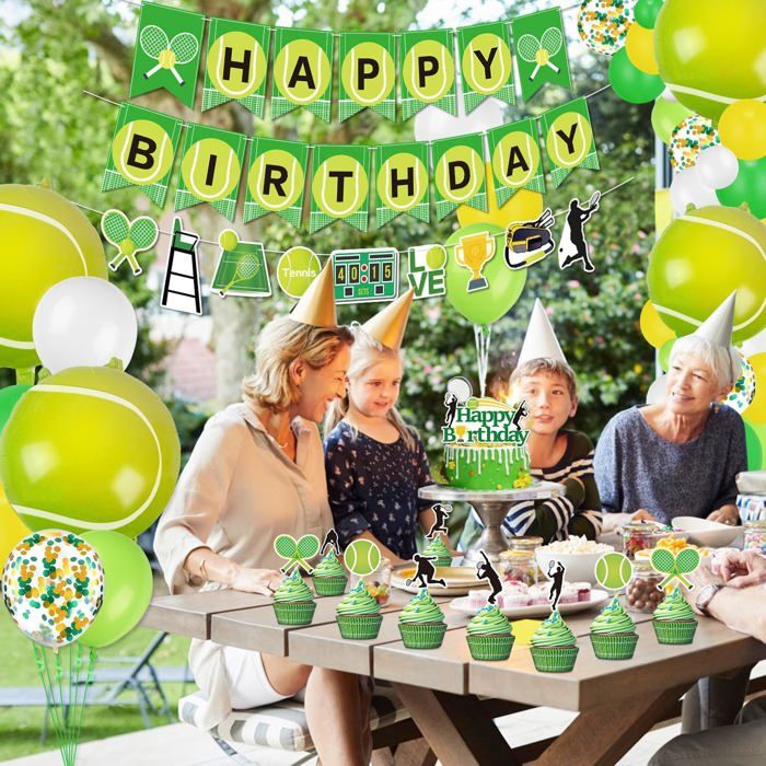 Décorations pour une fête d'anniversaire de tennis, comprenant drapeau, bannière d'anniversaire, nappe, assiettes en papier, serviettes, ballons pour une fête d'anniversaire d'enfants, pour 20 invités
