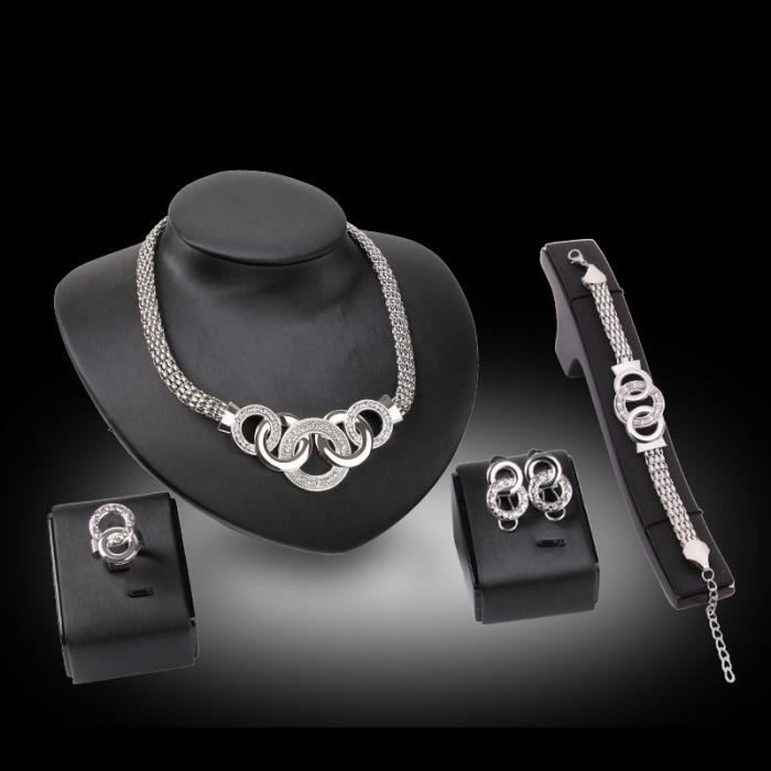 Parure De Bijoux Cristal 4 Pièces - Collier, Bracelet, Boucles D'Oreilles, Bague Strass Pour Femme