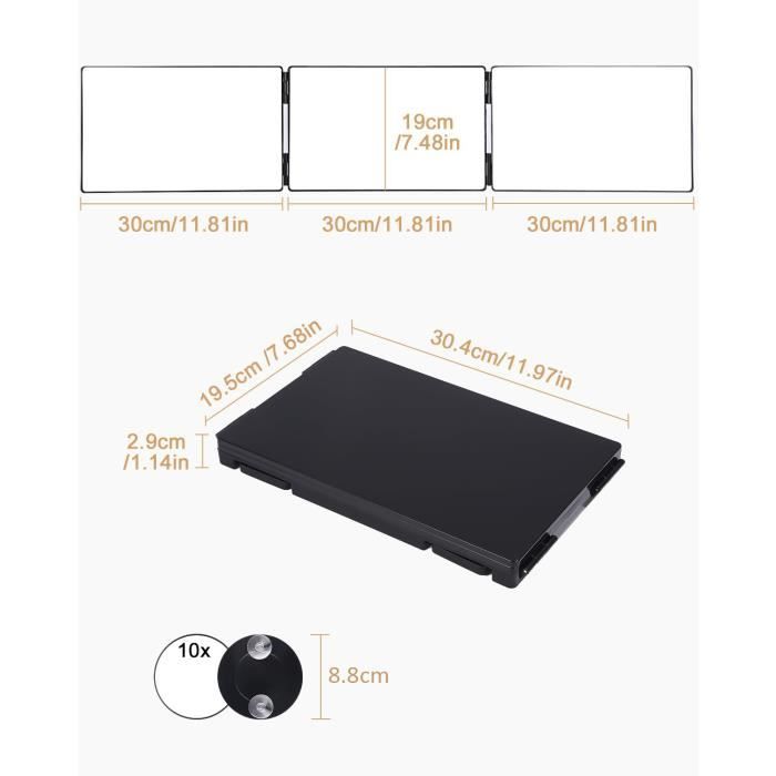 Miroir De Coiffure 360° GOQELK - Miroir Triptyque LED 3 Faces Pliable, Hauteur Réglable Avec Crochets, Idéal Pour Hommes, Rasage Et Maquillage