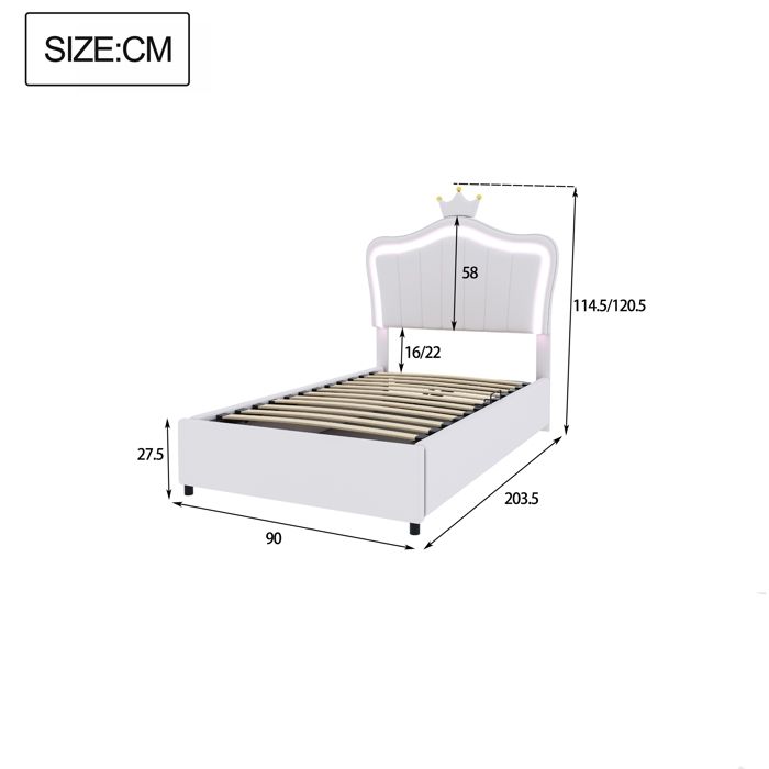 Lit Enfant Fille 90x200 Cm Avec Lumières LED Et Rangement Hydraulique - Blanc Crème Velours