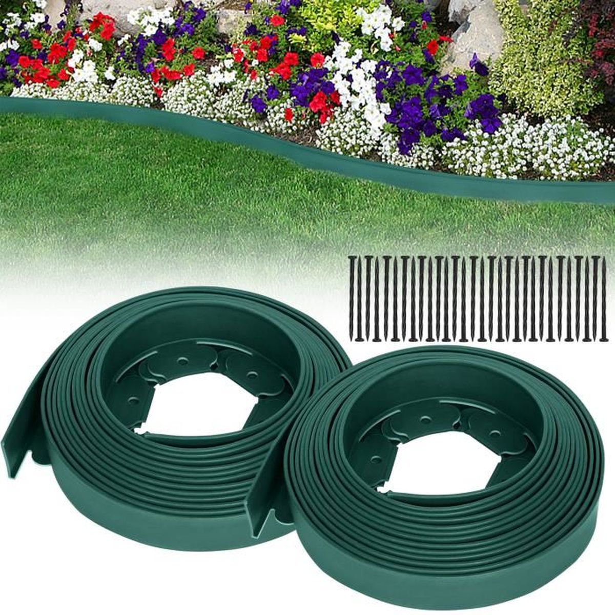 Bordure De Pelouse Flexible En Plastique - 9 M - Vert - Pour Séparer Gazon Et Massifs - 11