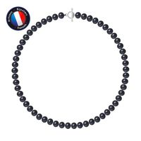 PERLINEA - Collier Perle de Culture d'Eau Douce AAA+ Semi-Ronde 8-9 mm Noire - Fermoir en T Argent 925 Millièmes - Bijoux Femme
