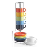 SWEEJAR Tasses à Café Empilables en Céramique - Lot de 6 Tasses Expresso 70 ml Avec Soucoupes Et Support - Multicolore