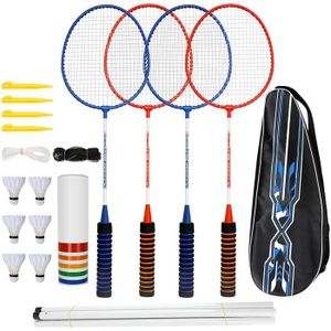 KIT BADMINTON ensemble de 4 raquettes de badminton avec 6 volants - avec filet et sac de transport - pour adultes, débutants, enfants - bicolore