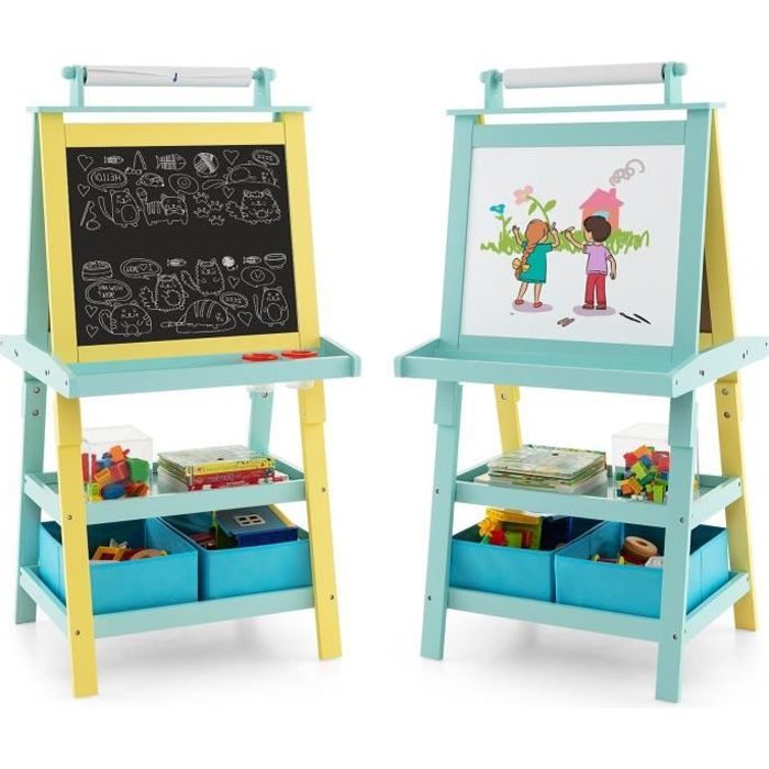 Costway 2 en 1 chevalet tableau magnétique enfant double face avec bureau  pliable et tabouret,ensemble de table et chaise avec etagère de rangement  accessoires pour enfants,réglable de 3 niveaux (gris) - Conforama