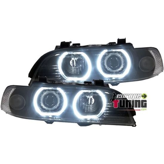 Phares Avant Noirs Angel Eyes En U Pour BMW Série 3 E90 E91 2005-2008 - Éclairage Fibre Optique Puissant - Halogène Uniquement